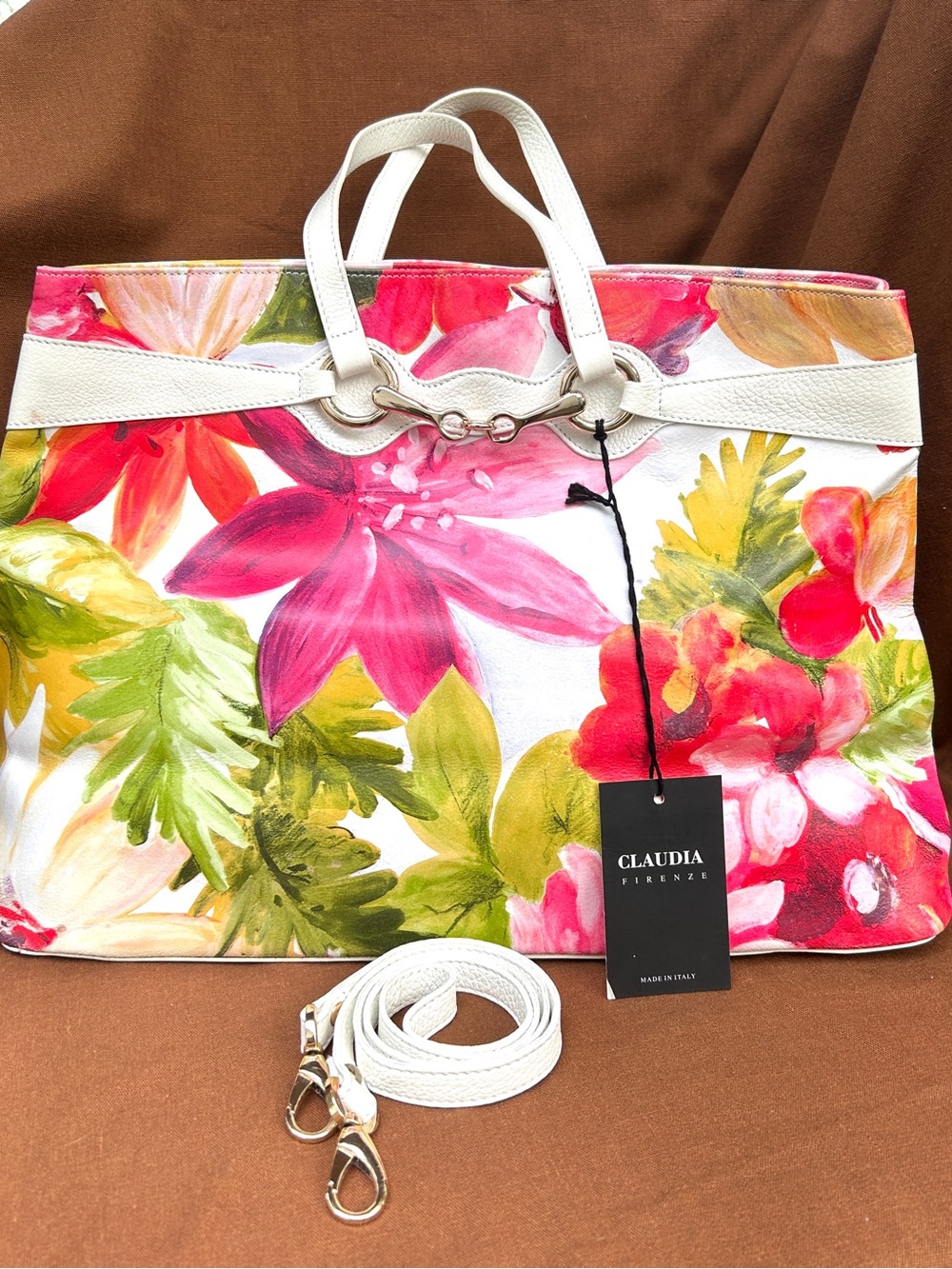 Claudia Firenze White Floral Canvas Tote with Removable Strap